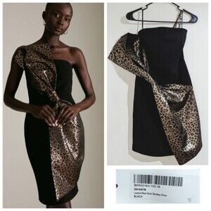 Karen Millen Size 6 Leopard Bow Black Bandeau Bodycon Midi Dress MSRP $348